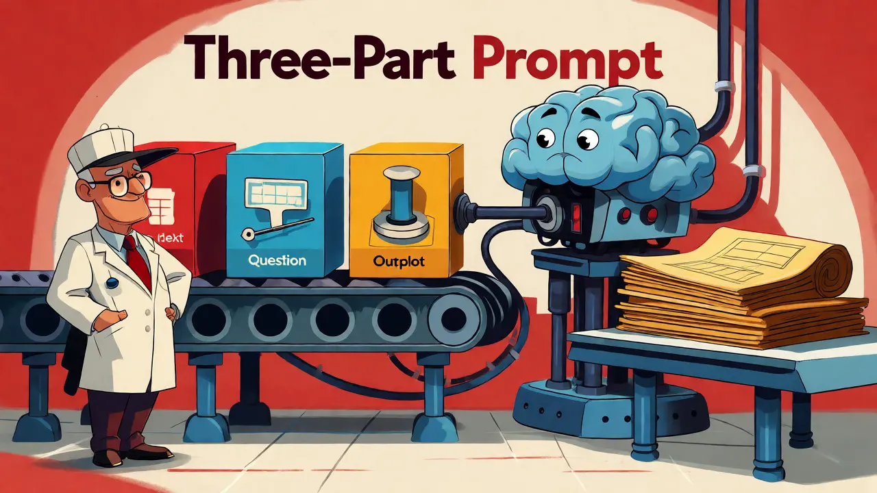 Senior architect feeding structured prompt components into an AI machine