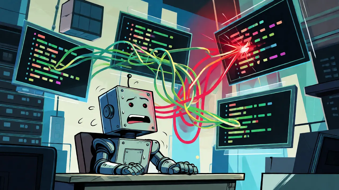 Stressed robot surrounded by tangled, colorful lines of code with errors.