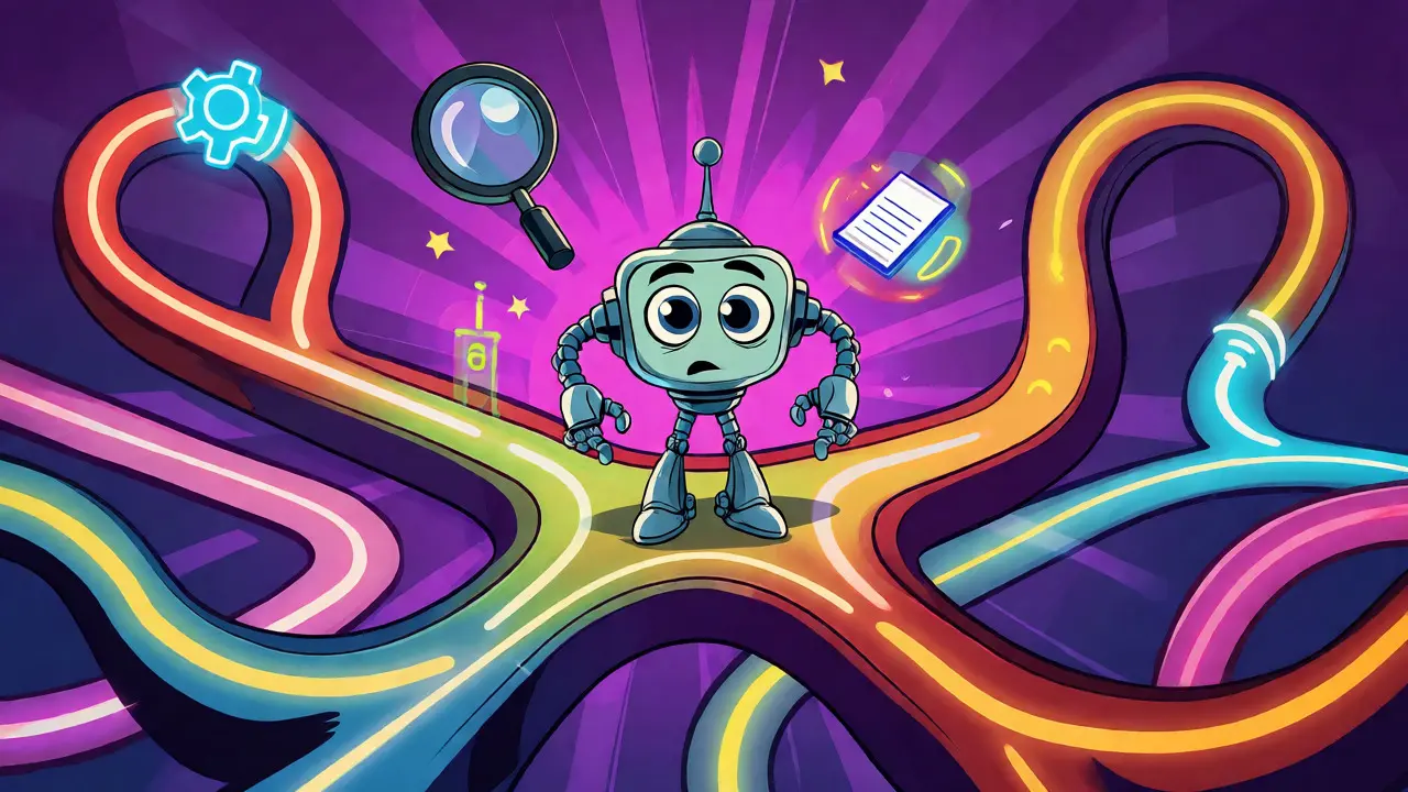 Stylized robot navigating a chaotic maze for agentic planning