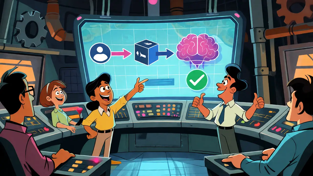 Stylized team monitoring a successful RAG pipeline in a retro-futuristic control room.