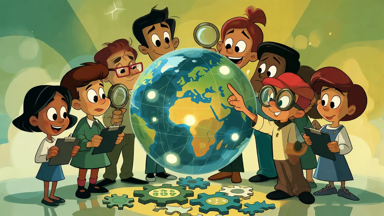 Team of cartoon characters inspecting a global network of AI servers with magnifying glasses.