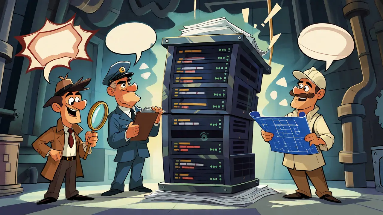 Three cartoon expert personas reviewing a large server rack for errors