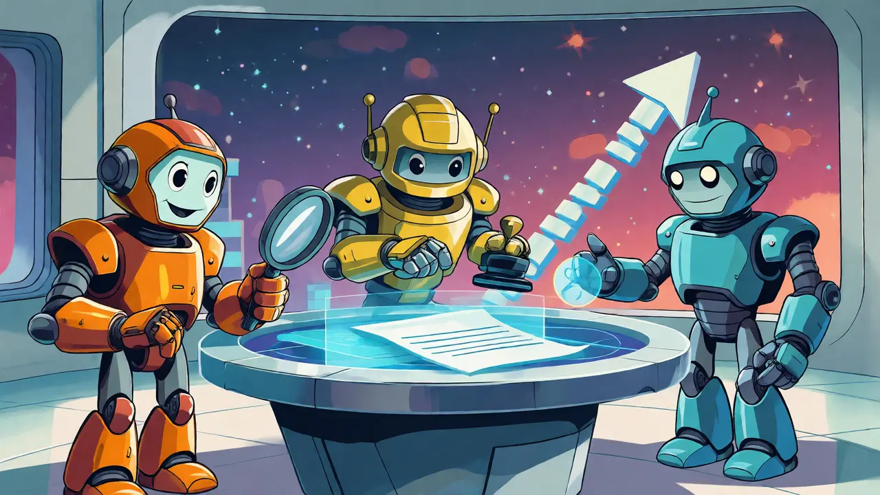 Three cartoon robots collaborating around a table with an upward growth arrow.