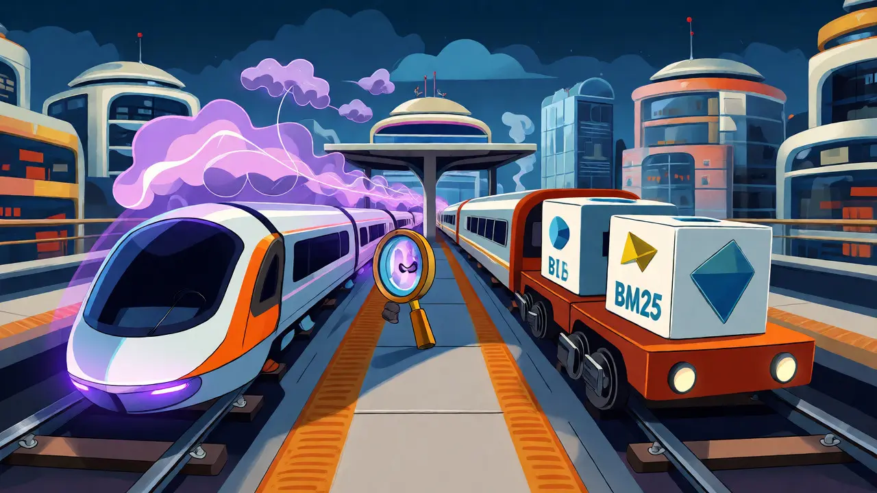 Two trains racing on parallel tracks representing vector and lexical search