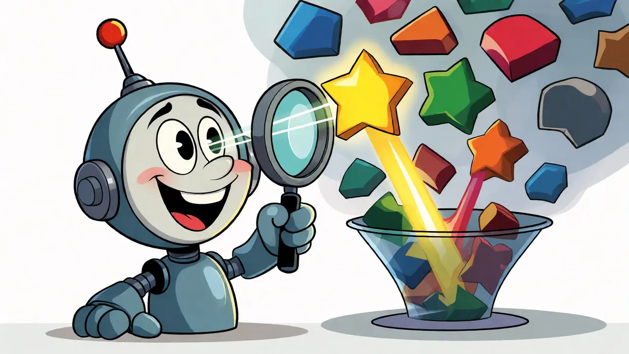 A robot uses a magnifying glass to focus on a glowing star among many shapes, visualizing attention.