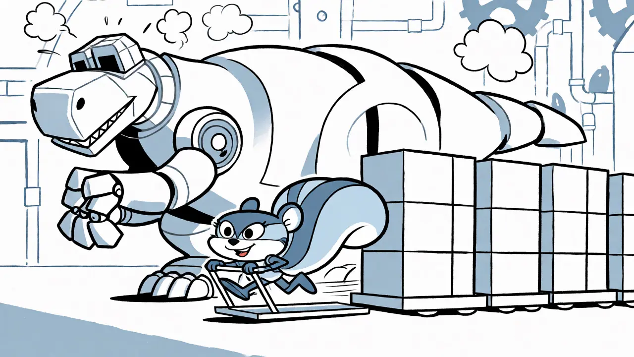 Agile chinchilla robot outperforming a bulky dinosaur robot in a race.