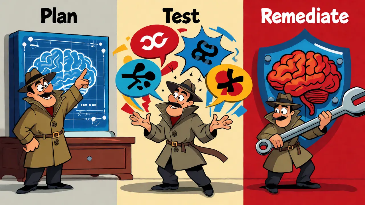 Animated detective managing planning, testing, and fixing AI systems