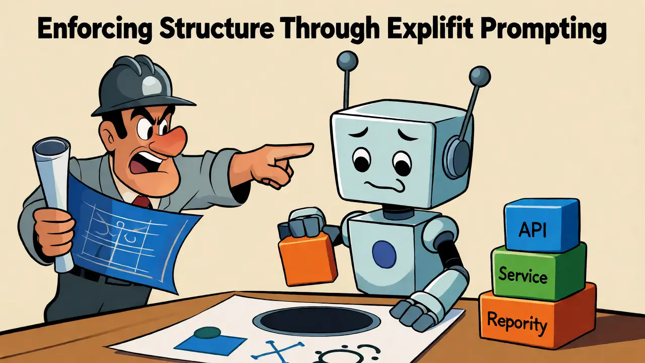 Architect guiding a robot to sort code blocks into correct structural layers.