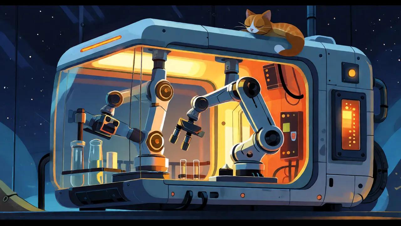 Autonomous self-driving lab running experiments at night with a sleeping cat nearby.