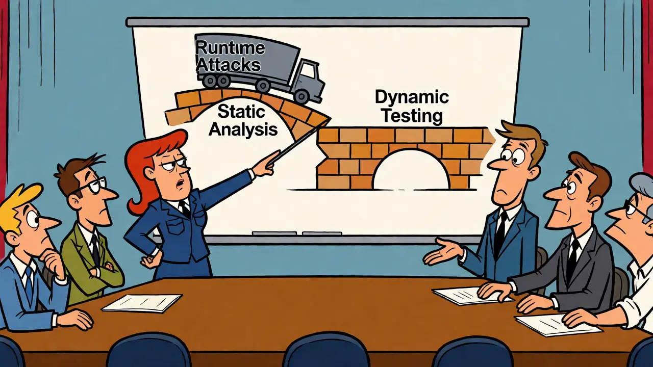 Boardroom discussion comparing fragile static vs robust dynamic testing