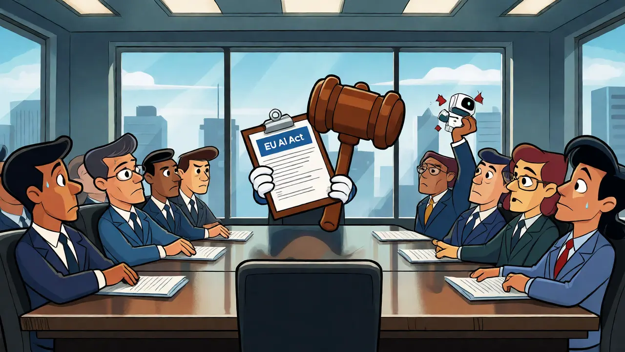 Business meeting with a gavel character overseeing AI compliance