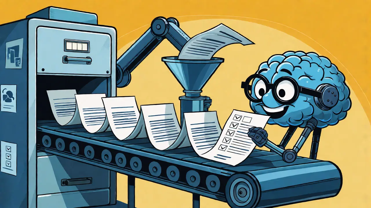 Cartoon diagram of RAG system feeding documents to a robot brain.