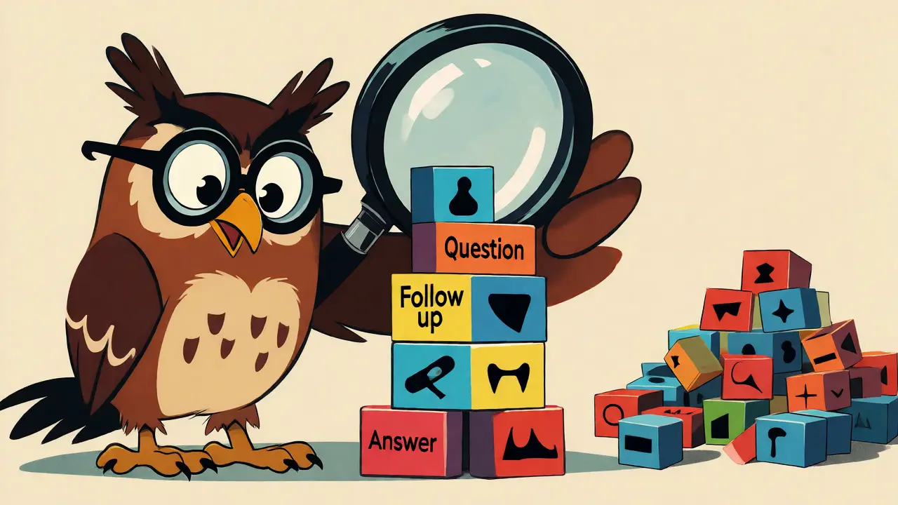Cartoon owl organizing building blocks to represent structured self-ask prompting steps.