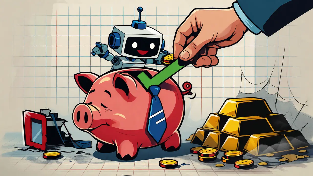 Cartoon piggy bank receiving coins from a robot while unused gold bars gather dust.
