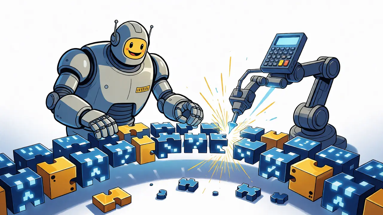 Cartoon robots collaborating to build a structure combining intuition and precise calculation.