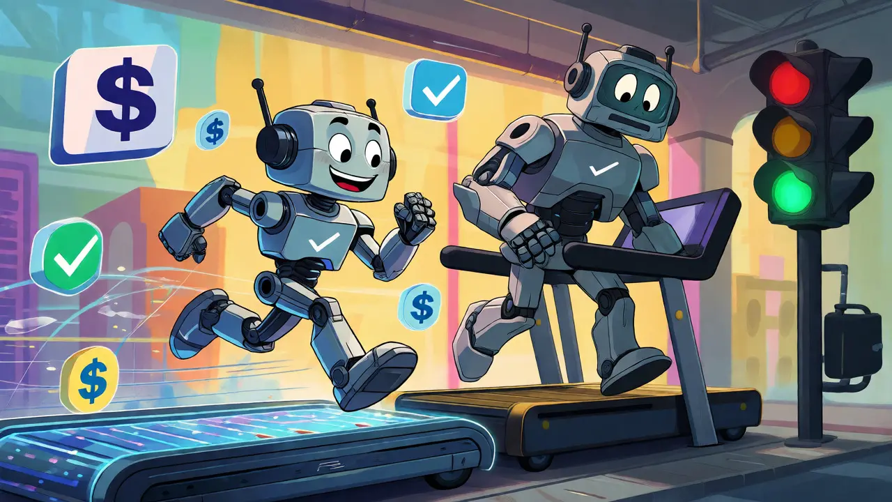 Cartoon robots illustrating overtraining benefits for cheaper inference.