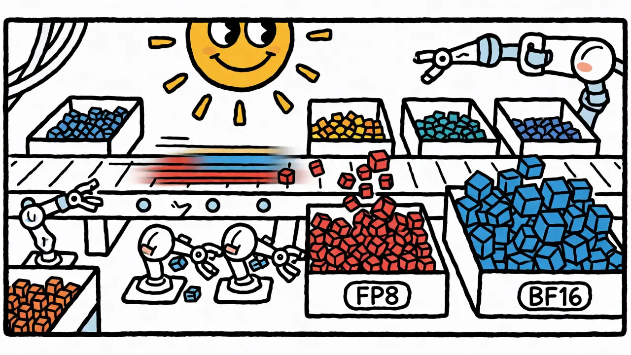 Cartoon robots sorting colorful data cubes on a fast-moving assembly line.