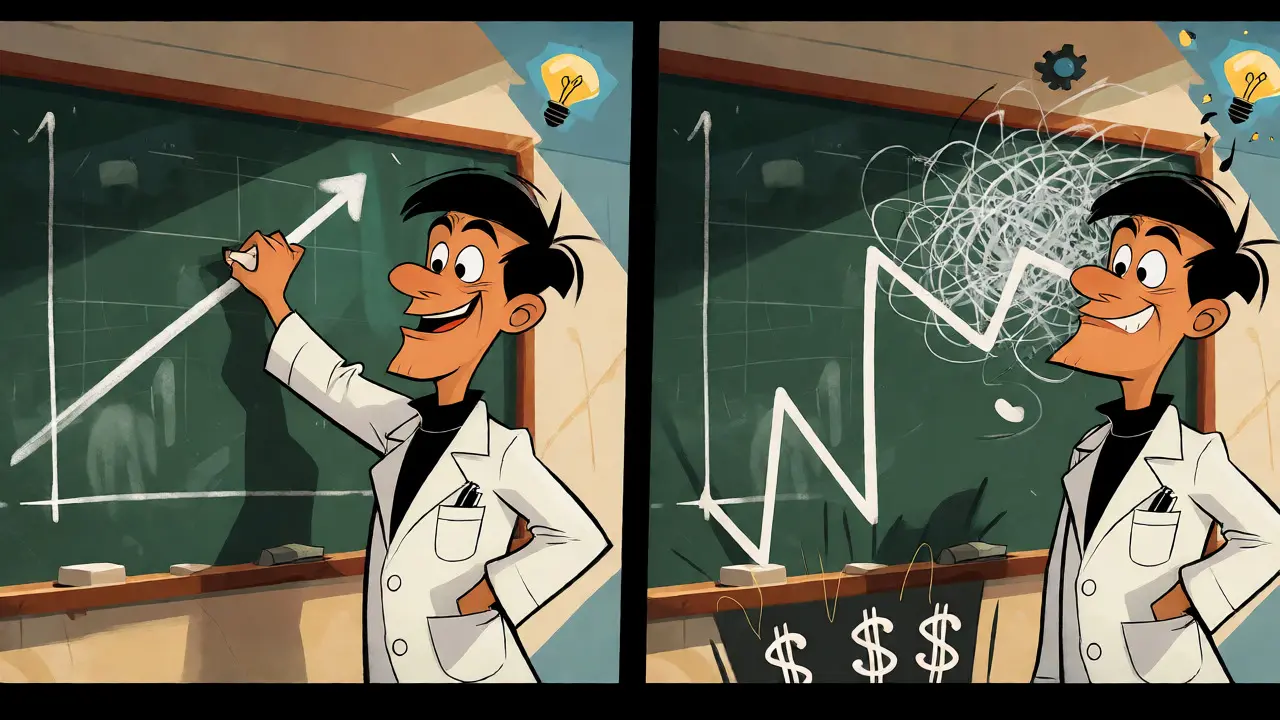 Cartoon scientist realizing linear scaling myths fail as graphs turn into chaotic scribbles.