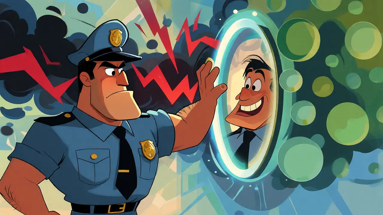 Cartoon security guard blocking chaotic harmful content from reaching users.