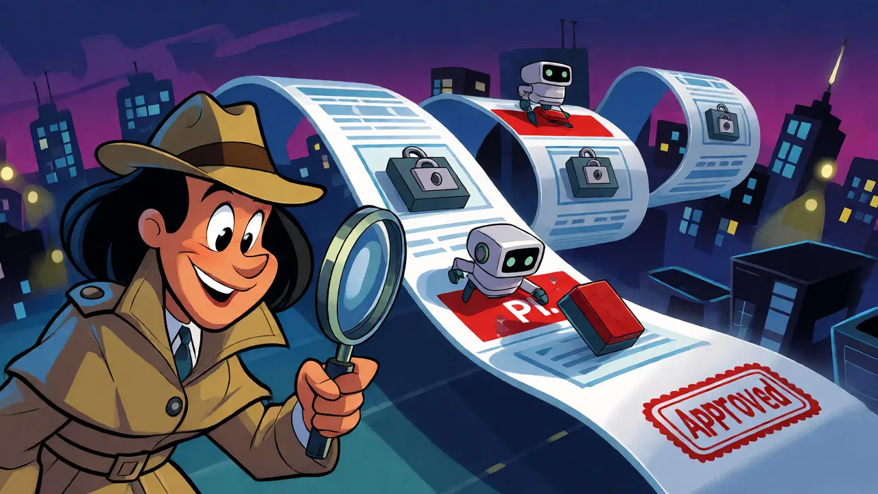 Detective inspecting data ribbon with PII redaction and security locks