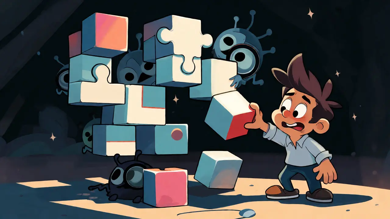 Developer balancing wobbly app blocks with hidden bugs