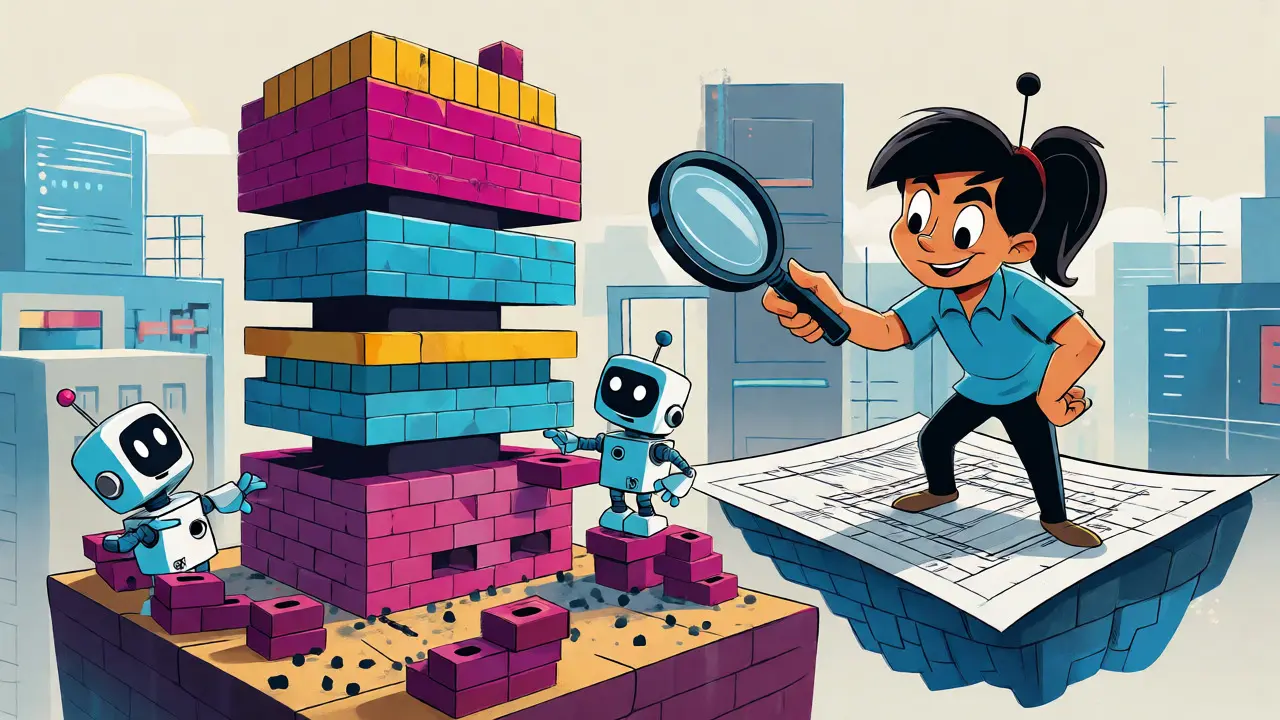Developer inspecting robot workers building a layered software architecture tower.