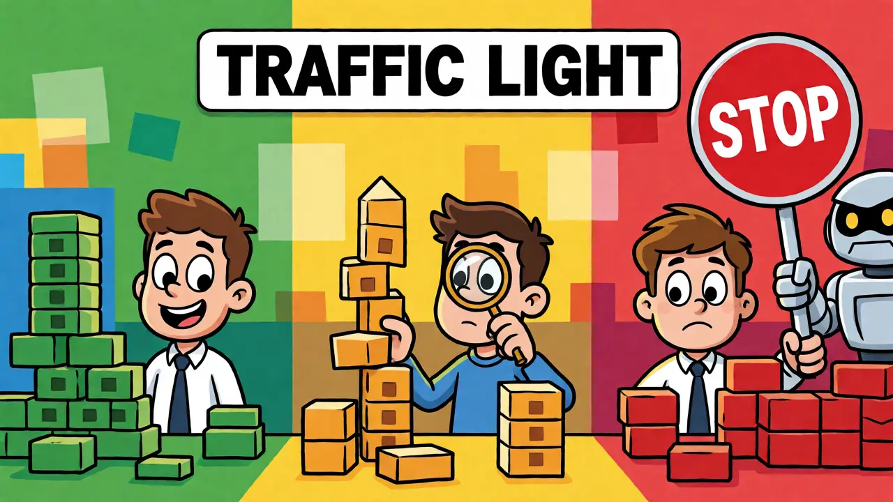 Developers navigating green, yellow, and red zones of AI code governance in cartoon style.