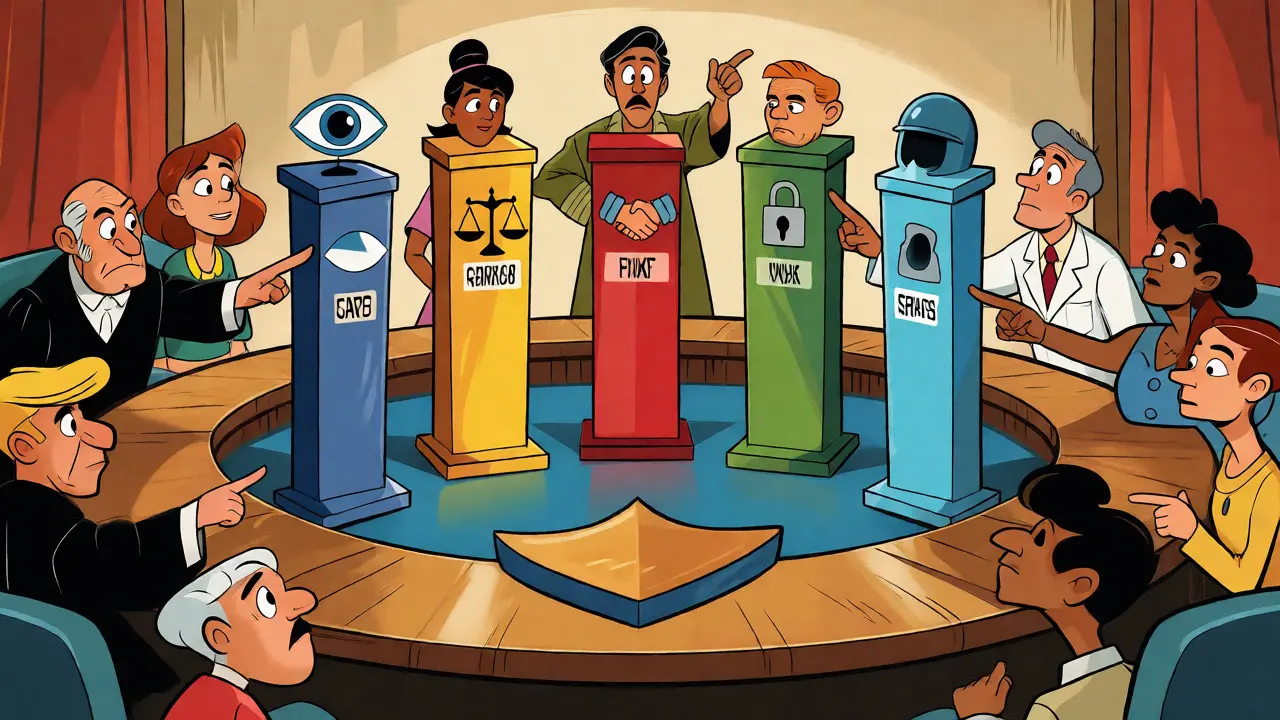 Diverse team examining five core pillars of AI ethics around a shield-shaped table.