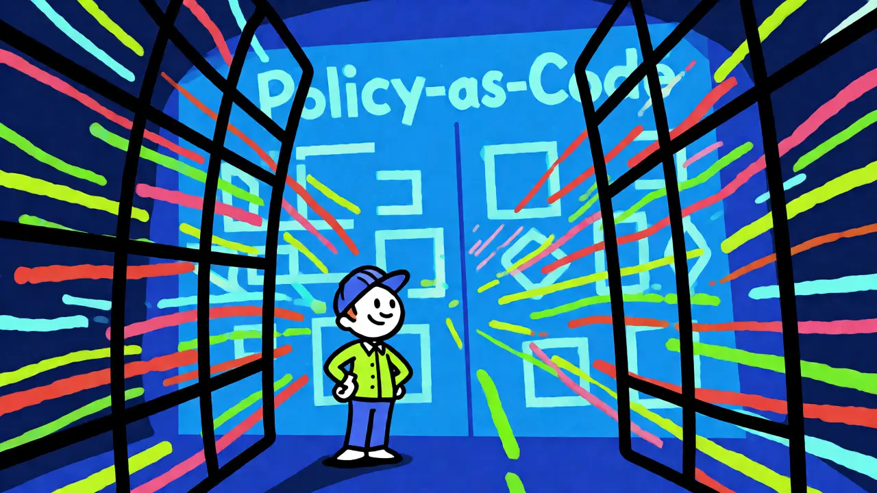Engineer behind policy-as-code barrier blocking chaotic data streams.