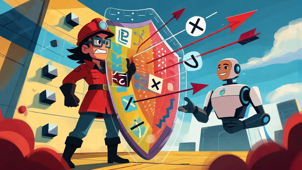 Engineer protecting AI with digital shield from error arrows