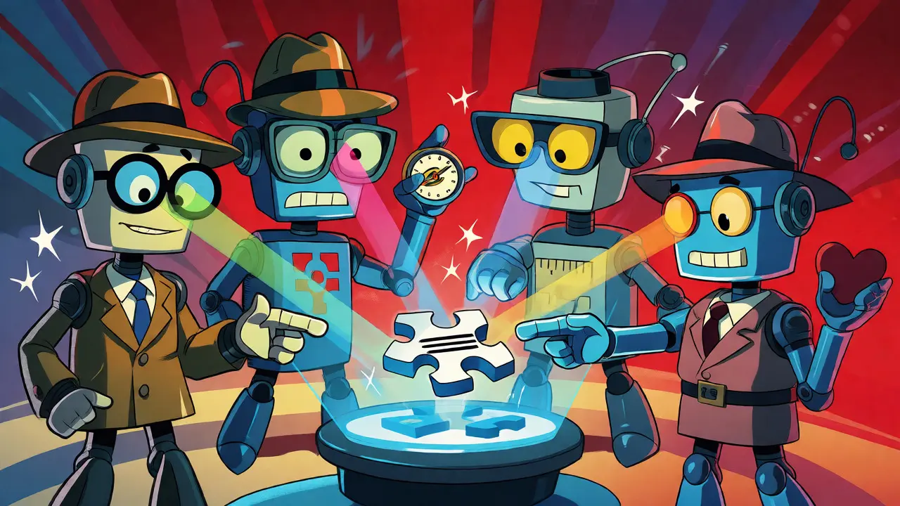 Four specialized robot detectives point at a central puzzle piece, representing multi-head attention.