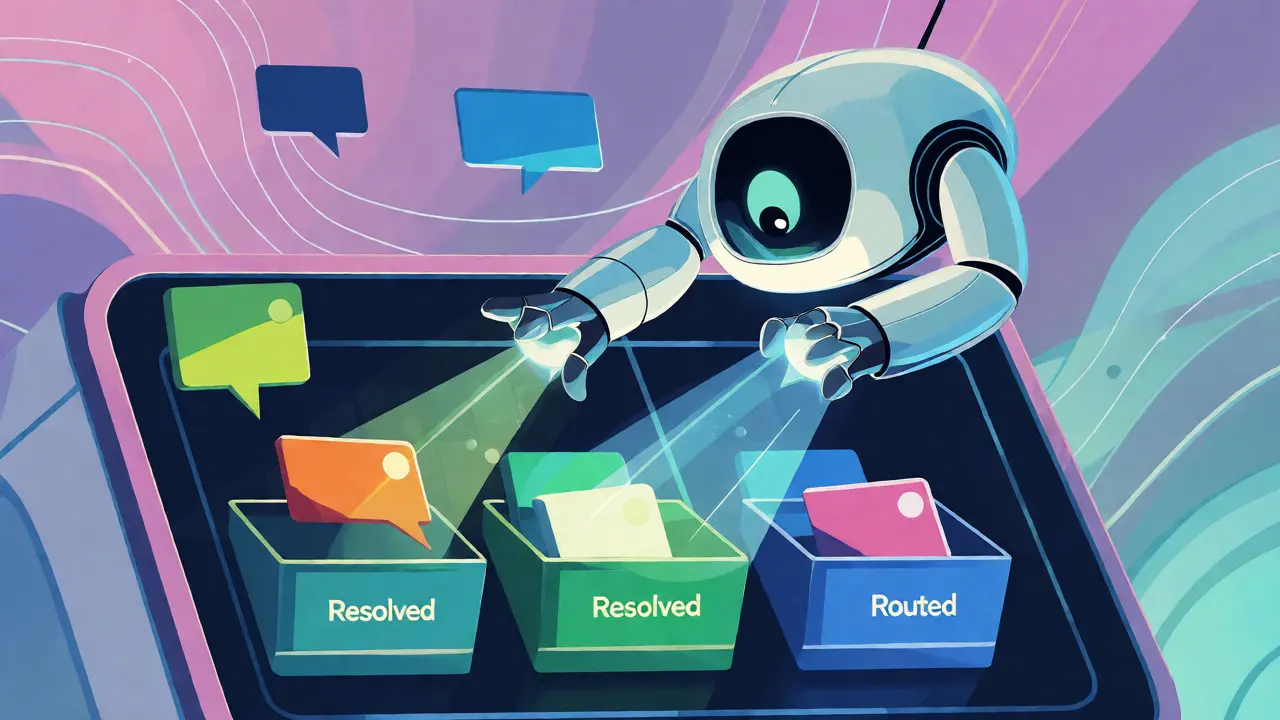 Friendly robot sorting digital support tickets efficiently into categories.