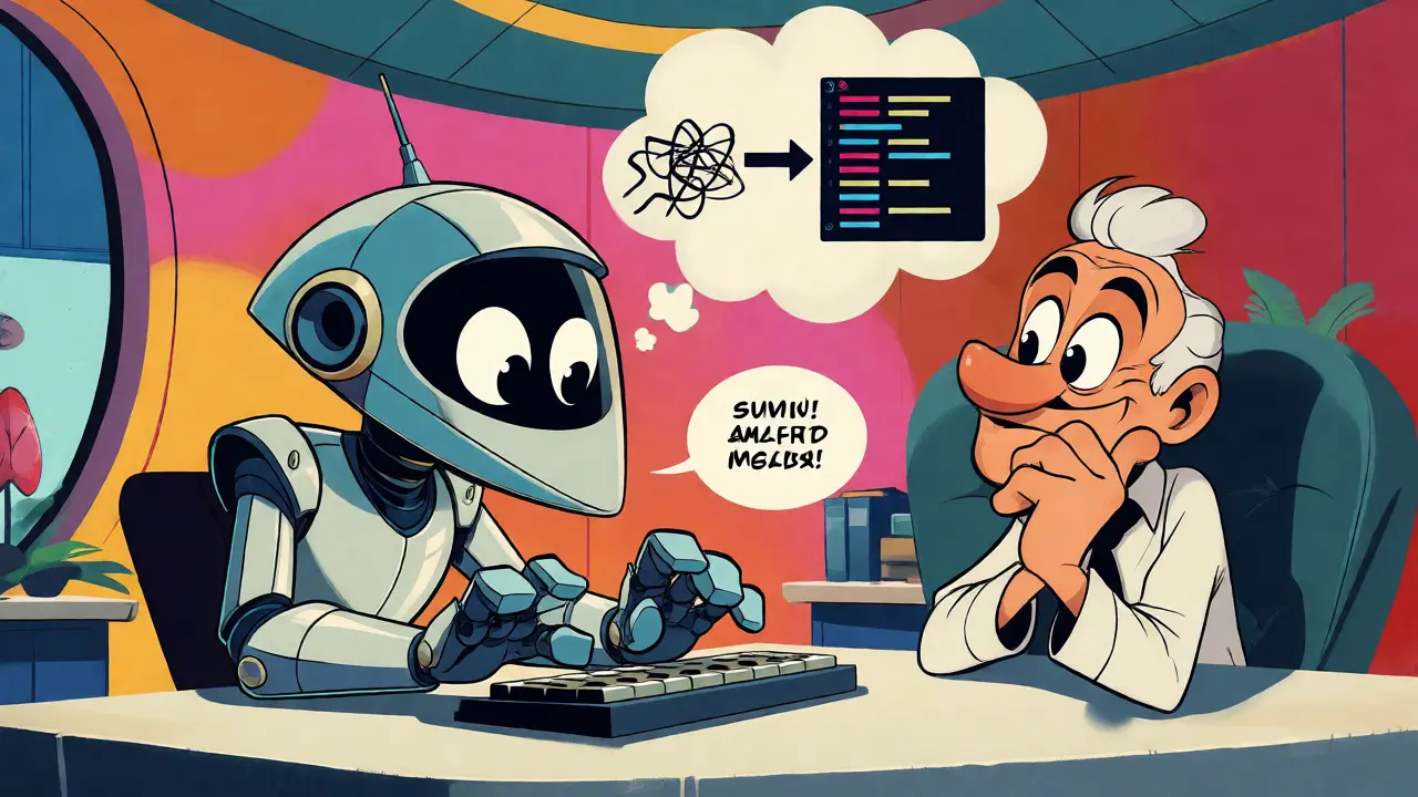 Futuristic AI robot refactoring code while senior engineer watches in cartoon style