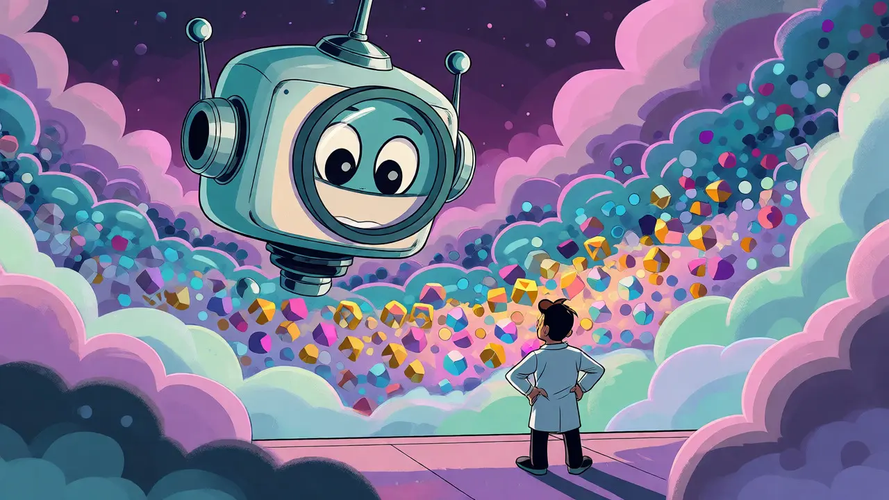 Giant robot scanning a cloud of molecular shapes to select promising drug candidates.