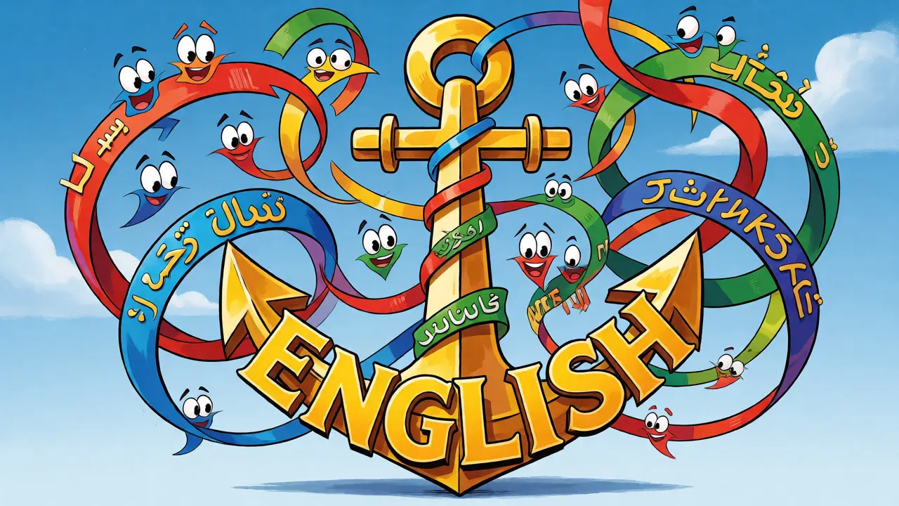 Golden English anchor stabilizing swirling ribbons of diverse languages.