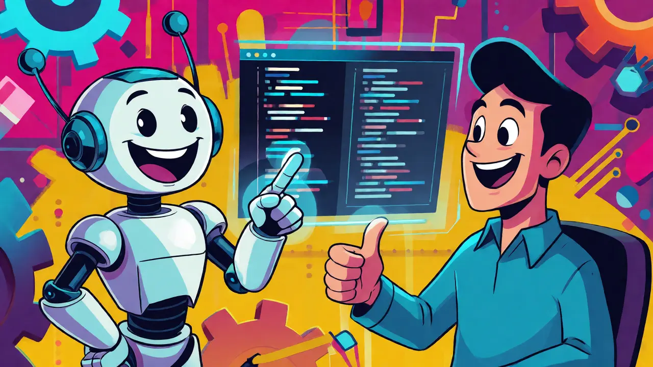Human developer and friendly AI robot collaborating on code review in cartoon style