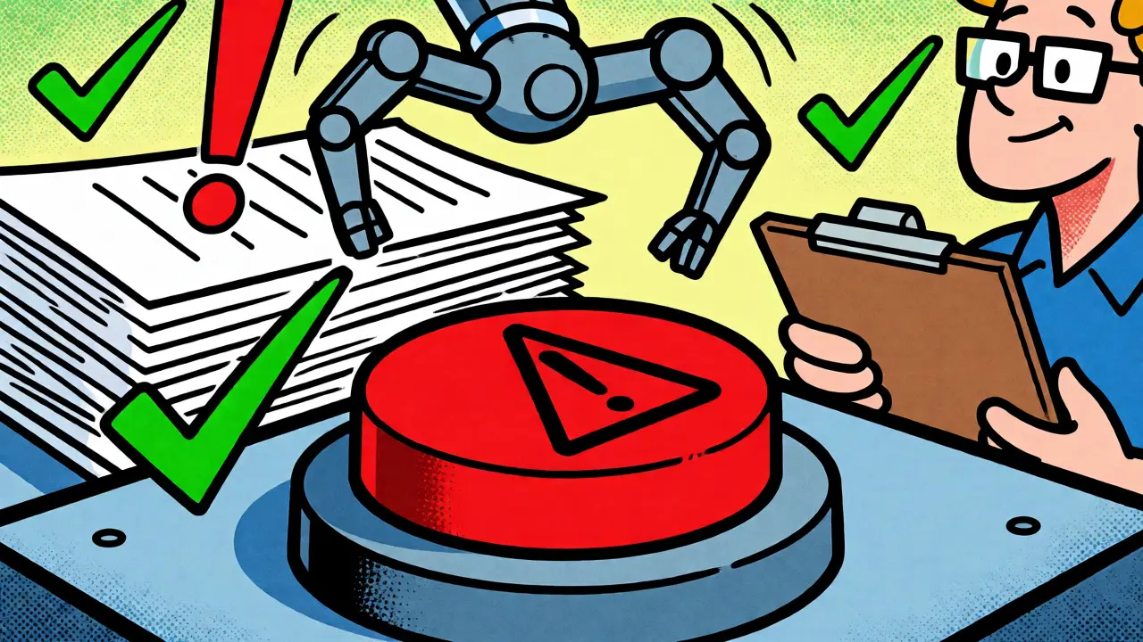 Human supervisor reviewing paused robotic actions via a kill-switch console.