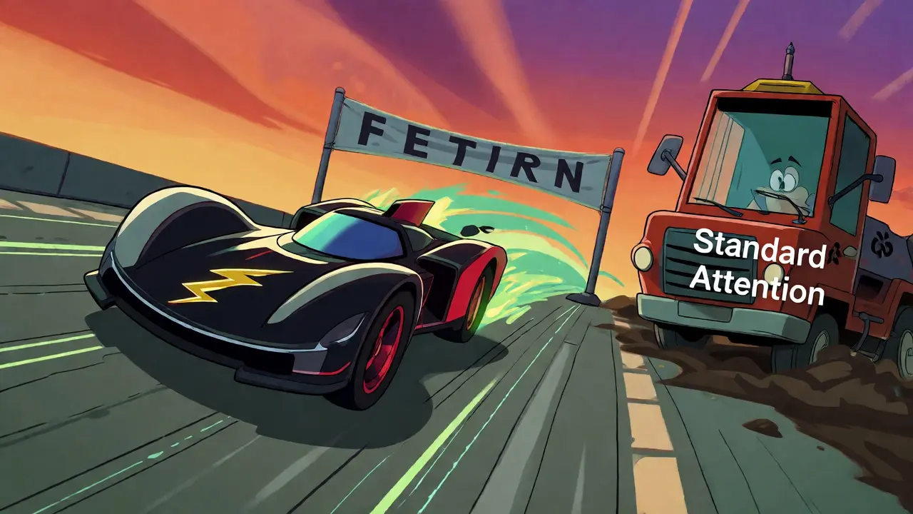 Race car speeding past slow truck, illustrating Flash Attention speedup.