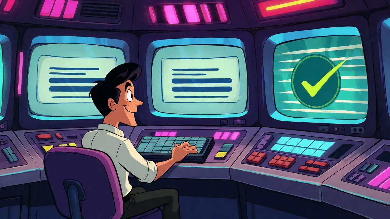 Retro cartoon control room monitoring multi-step AI reasoning processes on screens.