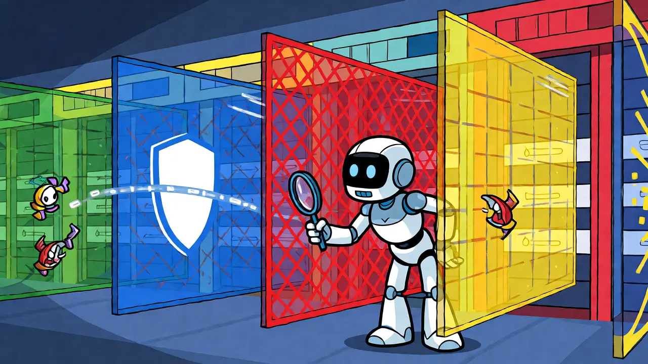 Robot agent passing through colored security filters in a digital space.