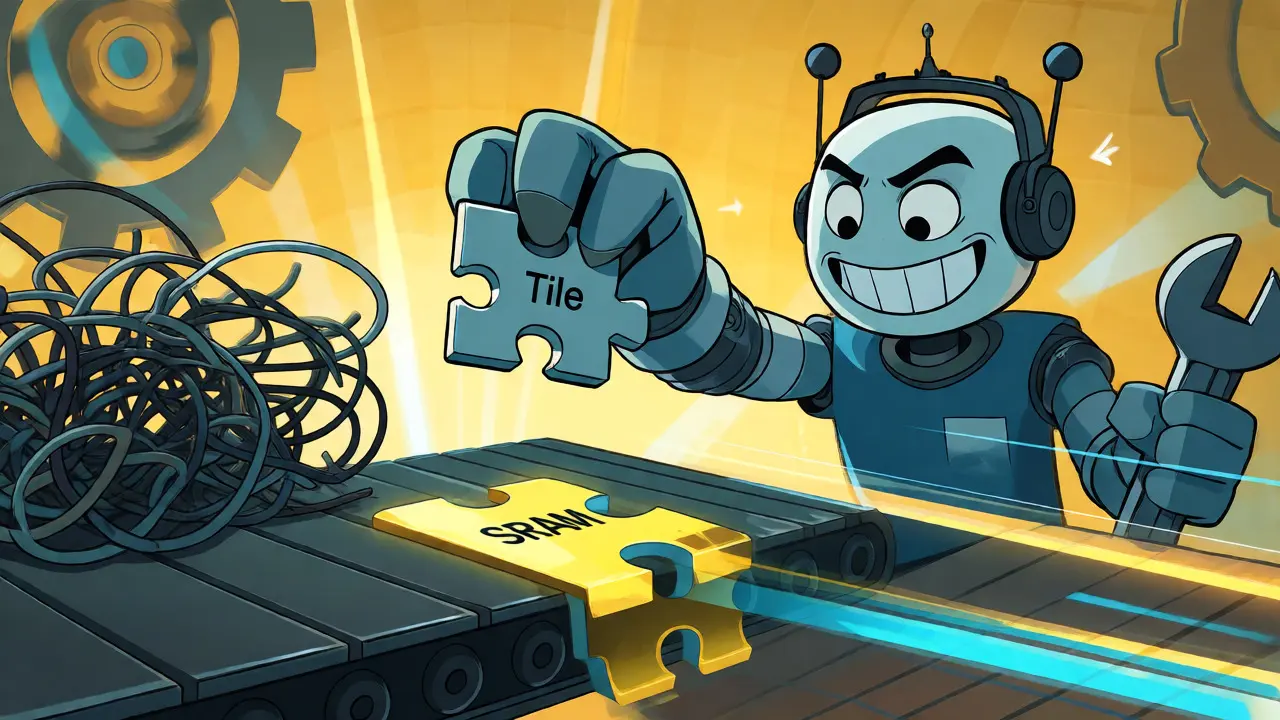 Robot placing tile into fast SRAM conveyor, ignoring slow HBM wires.