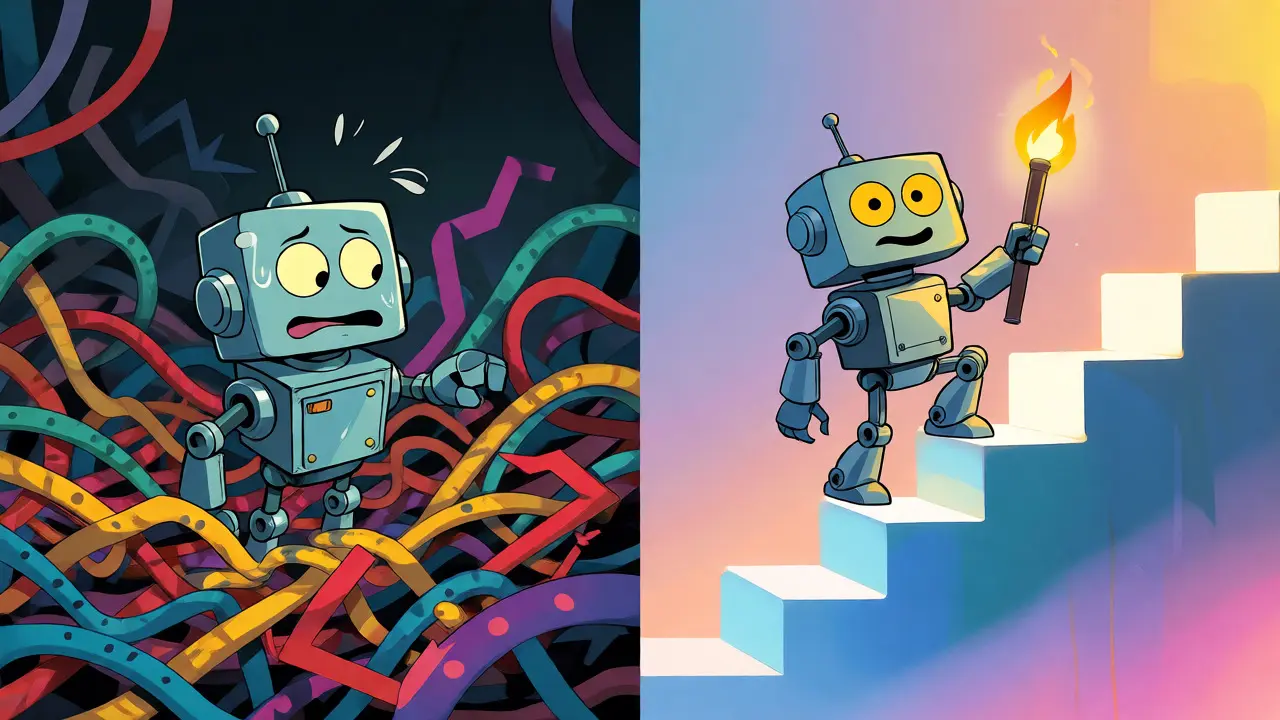 Robot struggling with chaos versus climbing a structured staircase