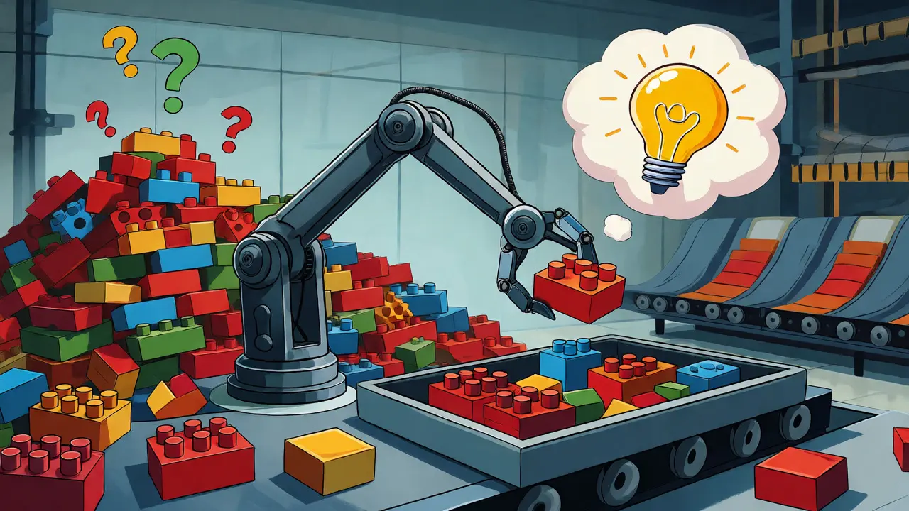 Robotic arm sorting relevant data blocks from a large pile