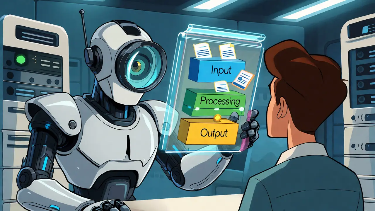 Robotic auditor scanning layered AI input, processing, and output logs