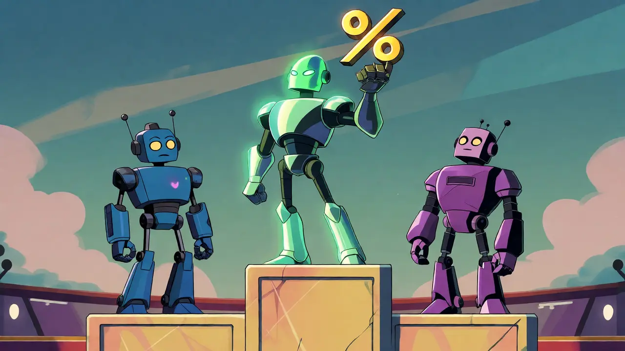 Robots on podium showing AI model accuracy rankings