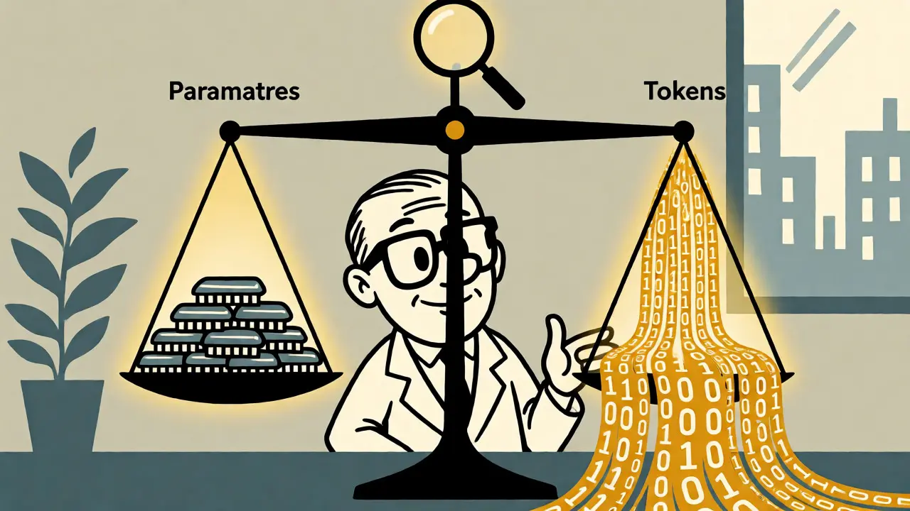 Scientist balancing computer chips against streams of data on a scale.