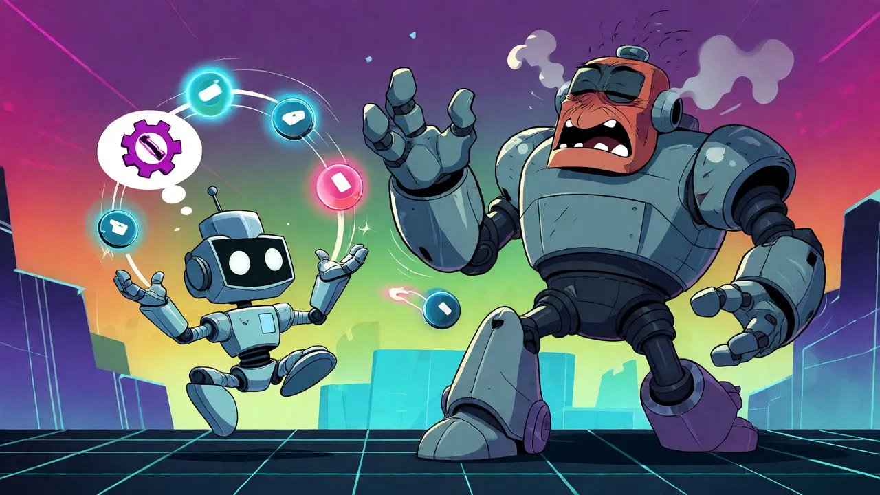 Small agile robot efficiently juggling tasks while a large clumsy robot struggles in a digital landscape.