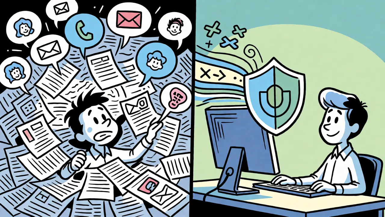 Split-screen cartoon contrasting chaotic data collection with organized privacy controls.