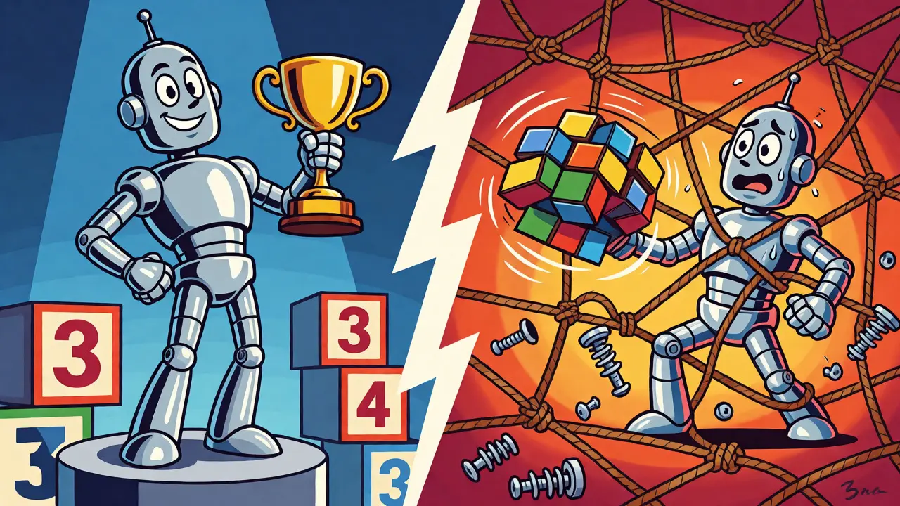 Split-screen cartoon showing a robot's confidence versus its struggle with complex puzzles.
