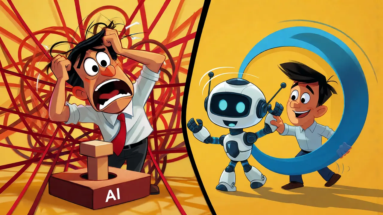 Split screen contrasting tangled workflow chaos with smooth AI-integrated process flow.